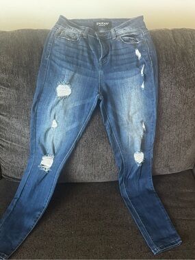 ENJEAN Distressed Dark Blue Women's Skinny Jeans